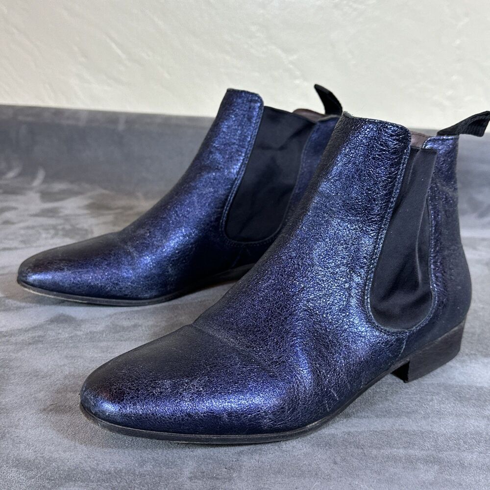 Boemos Blue Sparkle Chelsea Boots 38 Size 8 Leather Italy Womens Chiq